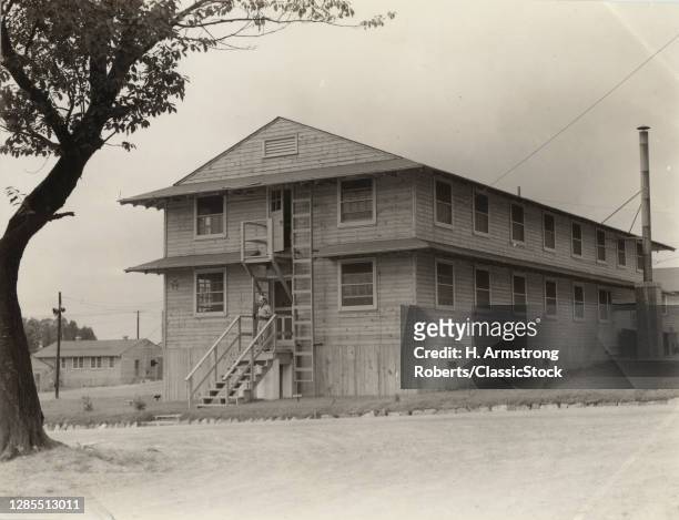 1940s Exterior Of Typical World War 2 Era United States Military Army Universal Wooden Two Story Barracks Building