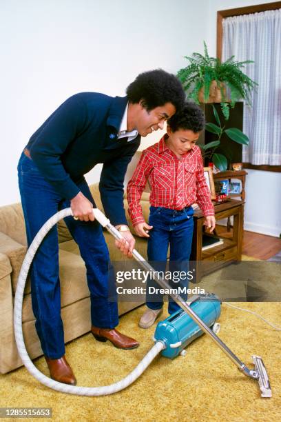 1980s Father And Son Vacuum Cleaning Gold Shag Carpet