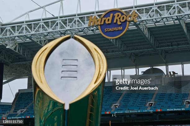 The College Football Playoff National Championship Trophy is displayed at Hard Rock Stadium on November 11, 2020 in Miami Gardens, Florida. The...
