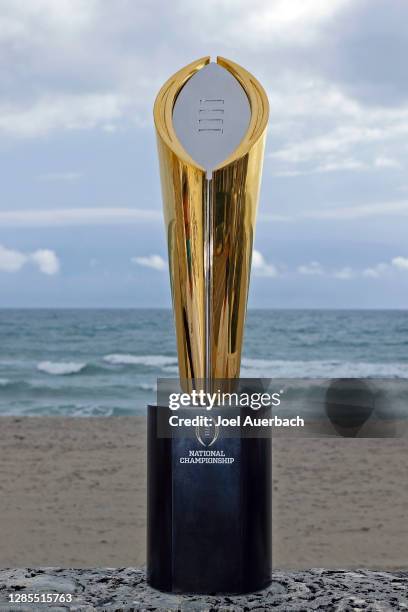 The College Football Playoff National Championship Trophy is displayed on November 12, 2020 in Palm Beach, Florida. The Championship game will be...