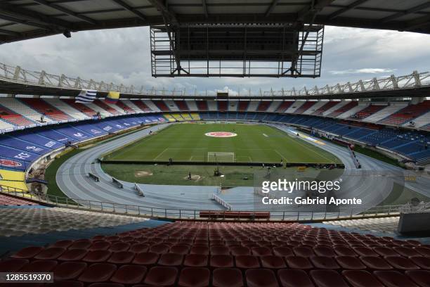 General view of the empty stands before a match between Colombia and Uruguay as part of South American Qualifiers for Qatar 2022 at Estadio...