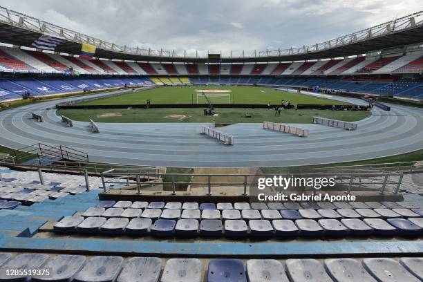 General view of the empty stands before a match between Colombia and Uruguay as part of South American Qualifiers for Qatar 2022 at Estadio...