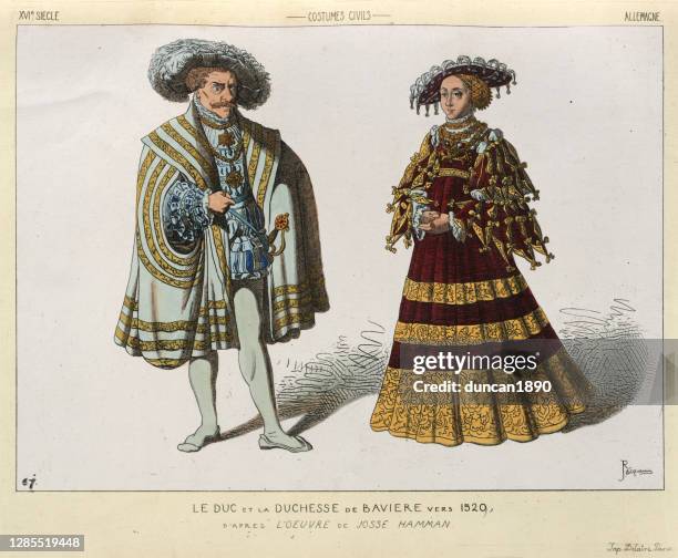 duke and duchess of bavaria, 16th century, period costumes, fashion - mature adult couple stock illustrations