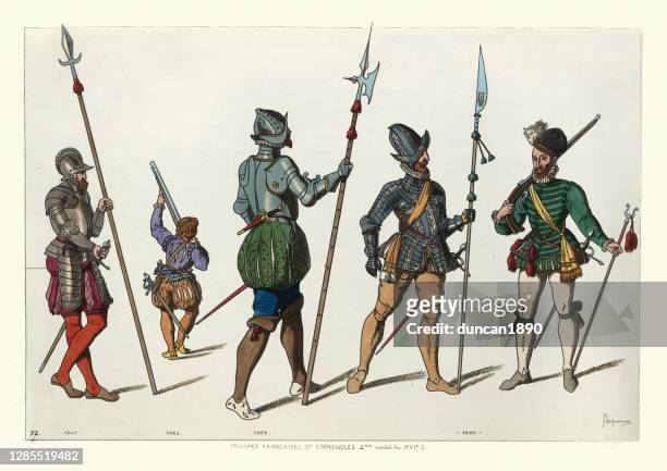 french and spanish soldiers of the mid late 16th century, military history - army soldier stock illustrations