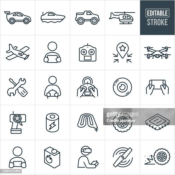 rc spielzeug dünne linie icons - editierbare strich - spielzeugauto stock-grafiken, -clipart, -cartoons und -symbole