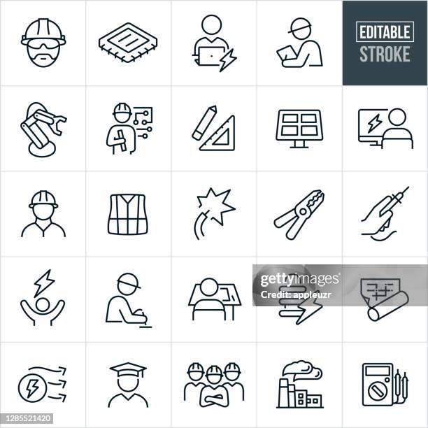 stockillustraties, clipart, cartoons en iconen met electrical engineering thin line iconen - bewerkbare lijn - reflective clothing