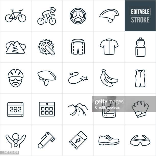 illustrations, cliparts, dessins animés et icônes de icônes de ligne mince de cyclisme - course modifiable - biker