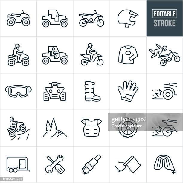 ilustraciones, imágenes clip art, dibujos animados e iconos de stock de iconos de línea delgada de atv y dirt bike - trazo editable - vehículo de todo terreno