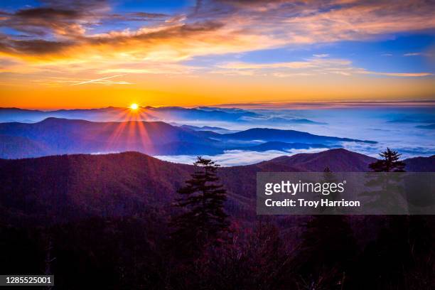 sunrise over layered mountains in great smoky mountains national park - knoxville tennessee 個照片及圖片檔