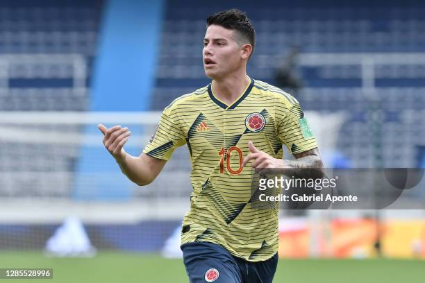James Rodriguez of Colombia gestures during a match between Colombia and Uruguay as part of South American Qualifiers for Qatar 2022 at Estadio...