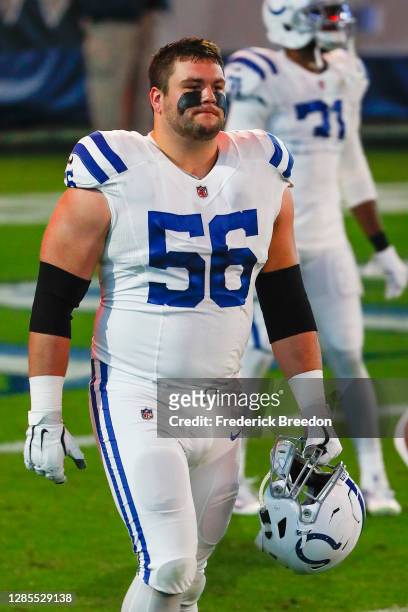 Quenton Nelson of the Indianapolis Colts leaves the field after warm ups before a game against the Tennessee Titans at Nissan Stadium on November 12,...