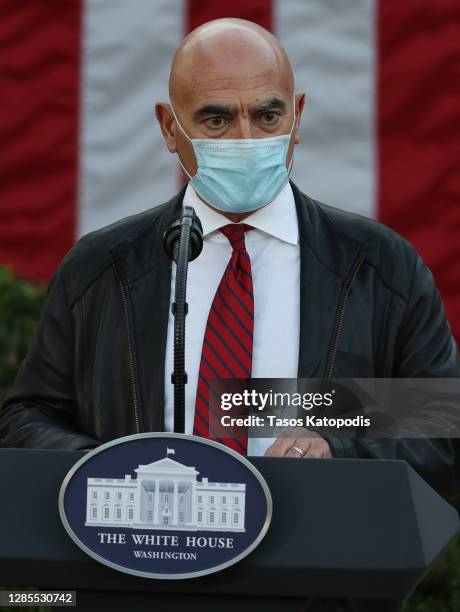 Moncef Slaoui PHD, speaks about Operation Warp Speed with U.S. President Donald Trump in the Rose Garden at the White House on November 13, 2020 in...