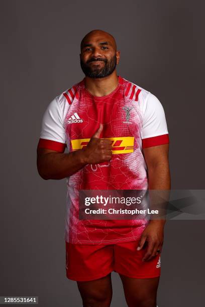 Paul Lasike of Harlequins poses for a portrait during the Harlequins squad photo call for the 2020-21 Gallagher Premiership Rugby season at...