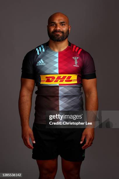 Paul Lasike of Harlequins poses for a portrait during the Harlequins squad photo call for the 2020-21 Gallagher Premiership Rugby season at...