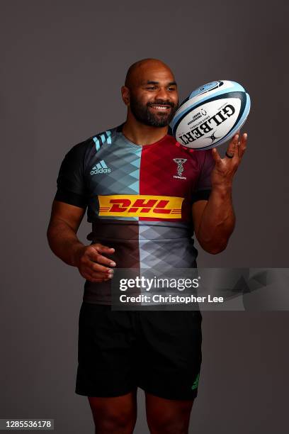 Paul Lasike of Harlequins poses for a portrait during the Harlequins squad photo call for the 2020-21 Gallagher Premiership Rugby season at...