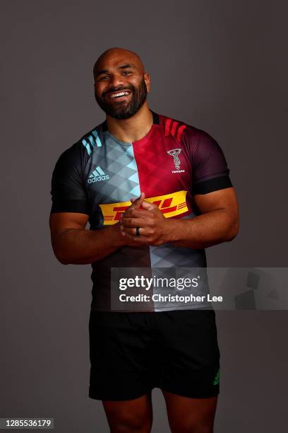 Paul Lasike of Harlequins poses for a portrait during the Harlequins squad photo call for the 2020-21 Gallagher Premiership Rugby season at...