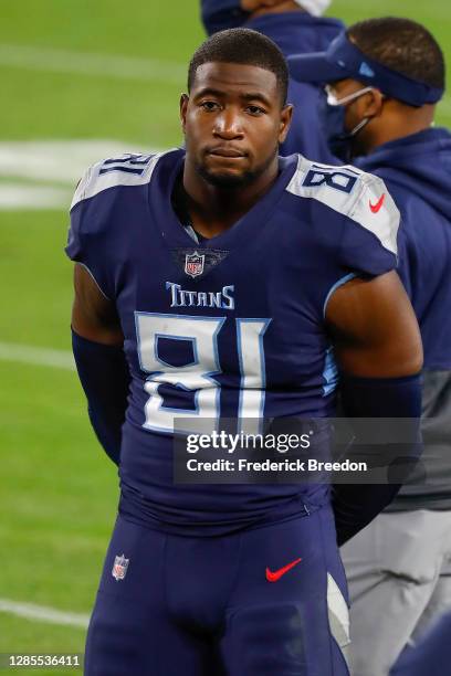 Jonnu Smith of the Tennessee Titans watches from the sideline during a game against the Indianapolis Colts at Nissan Stadium on November 12, 2020 in...