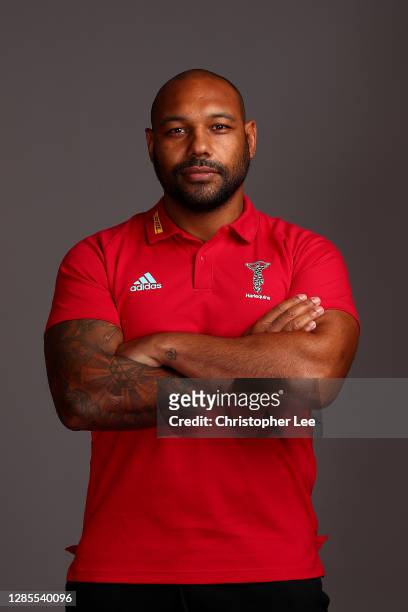 Jordan Turner-Hall of Harlequins poses for a portrait during the Harlequins squad photo call for the 2020-21 Gallagher Premiership Rugby season at...