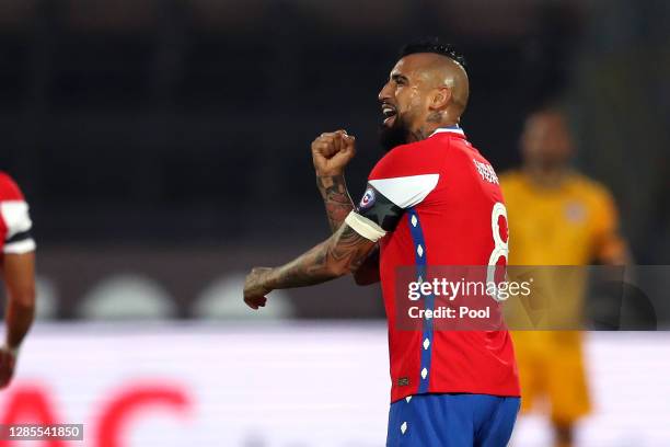 Arturo Vidal of Chile celebrates after scoring the first goal of his team during a match between Chile and Peru as part of South American Qualifiers...