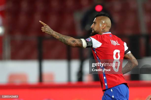 Arturo Vidal of Chile celebrates after scoring the second goal of his team during a match between Chile and Peru as part of South American Qualifiers...
