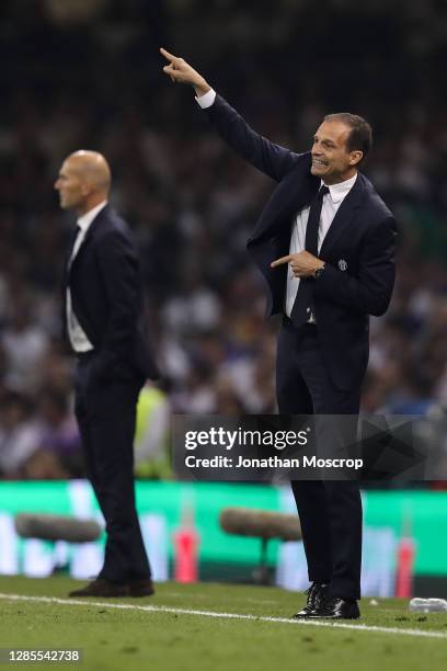 Massimiliano Allegri Head coach of Juventus reacts during the UEFA Champions League Final between Juventus and Real Madrid at National Stadium of...