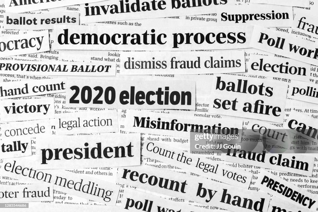 Newspaper headlines of 2020 United States of America presidential election. Concept of misinformation, voter and ballot fraud claims and the democratic process