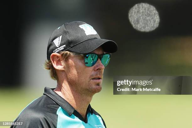 Heat head coach Ashley Noffke looks on during the Women's Big Bash League WBBL match between the Adelaide Strikers and the Brisbane Heat at Drummoyne...