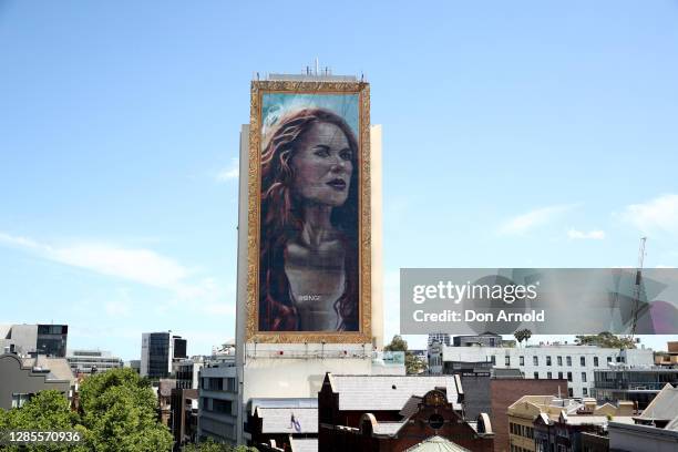 The finished portrait is seen from the Zenith building on November 14, 2020 in Sydney, Australia. A team of 11 artists have been working over two...