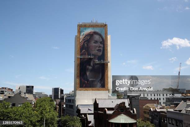 The finished portrait is seen from the Zenith building on November 14, 2020 in Sydney, Australia. A team of 11 artists have been working over two...