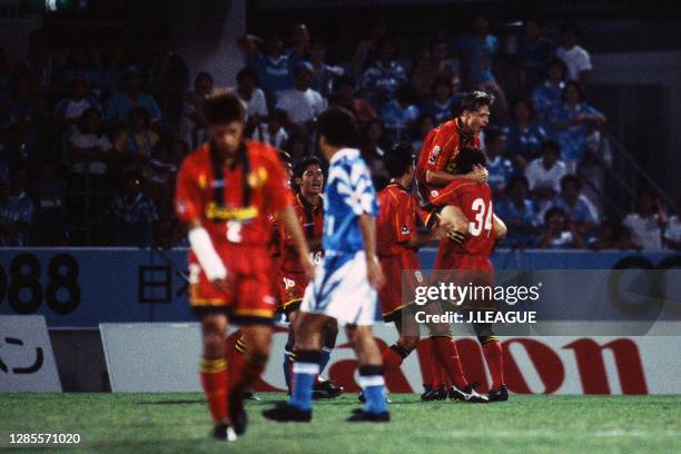 Dragan Stojkovic of Nagoya Grampus Eight celebrates scoring his side's first goal with his team mates during the J.League second stage match between...