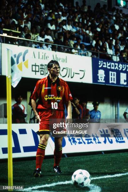 Dragan Stojkovic of Nagoya Grampus Eight takes a corner kick during the J.League second stage match between Jubilo Iwata and Nagoya Grampus Eight at...