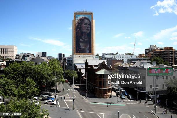 The finished portrait is seen from the Zenith building on November 14, 2020 in Sydney, Australia. A team of 11 artists have been working over two...