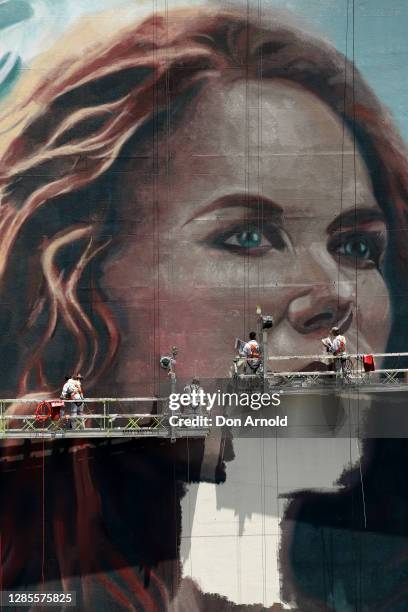 Finishing touches are applied to the portait as seen from the Zenith building on November 14, 2020 in Sydney, Australia. A team of 11 artists have...