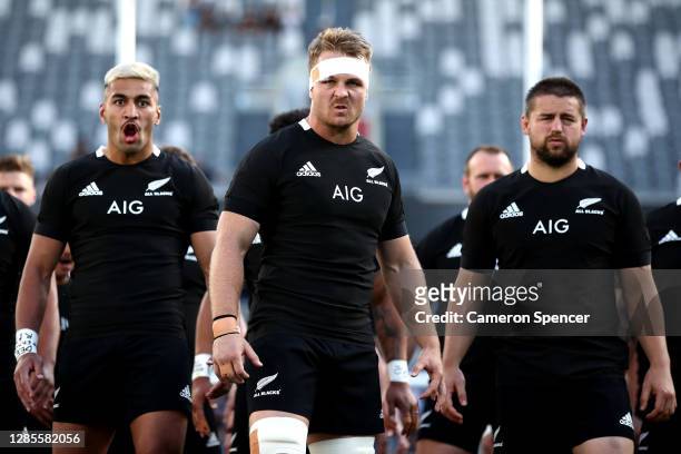 Rieko Ioane, Sam Cane and Dane Coles of the All Blacks perform the haka ahead of the 2020 Tri-Nations rugby match between the New Zealand All Blacks...