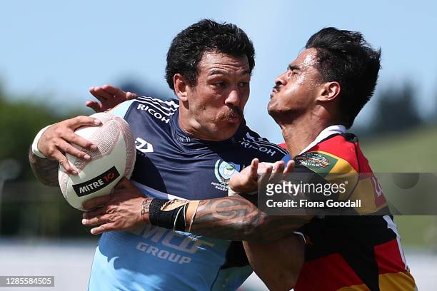 Rene Ranger of Northland is tackled by Bailyn Sullivan of Waikato during the round 10 Mitre 10 Cup match between Northland and Waikato at Kaikohe RFC...