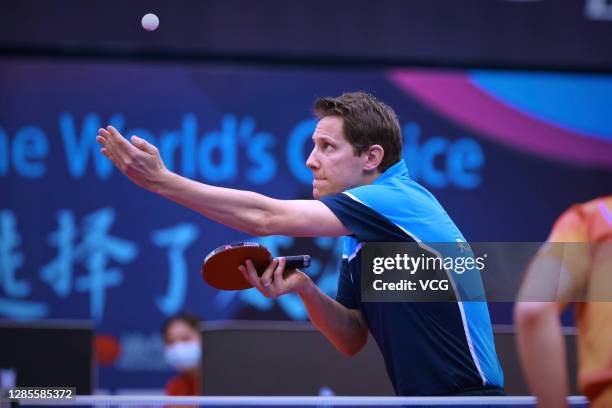 Robert Gardos of Austria competes in the Men's Singles Round of 16 match against Harimoto Tomokazu of Japan on day two of the 2020 ITTF Men's World...