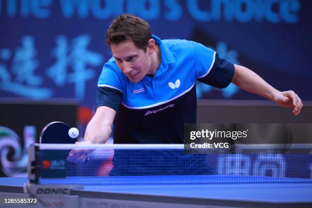 Robert Gardos of Austria competes in the Men's Singles Round of 16 match against Harimoto Tomokazu of Japan on day two of the 2020 ITTF Men's World...
