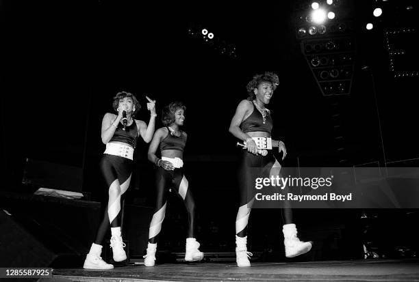 Rappers Baby D., Stacy Phillips and MC JB of JJ Fad performs at Kemper Arena in Kansas City, Missouri in June 1989.