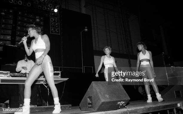 Rappers MC JB, Baby D. And Stacy Phillips of JJ Fad performs at the Genesis Convention Center in Gary, Indiana in July 1989.