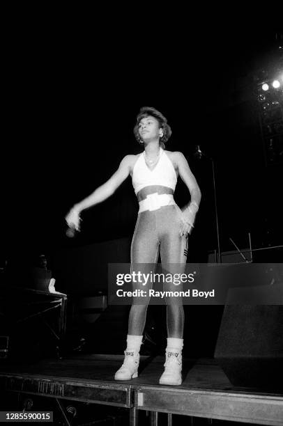 Rapper Stacy Phillips of JJ Fad performs at the Genesis Convention Center in Gary, Indiana in July 1989.