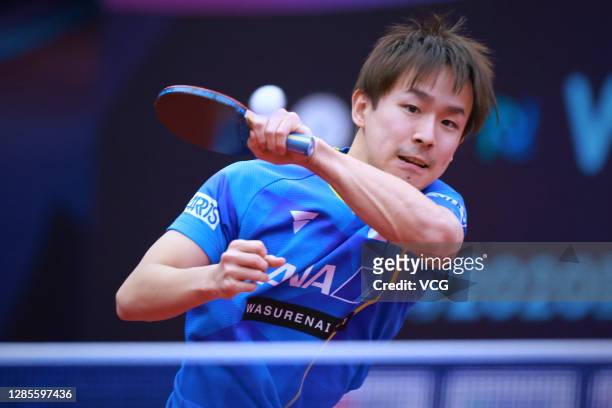 Niwa Koki of Japan competes in the Men's Singles Round of 16 match against Jang Woojin of South Korea on day two of the 2020 ITTF Men's World Cup at...