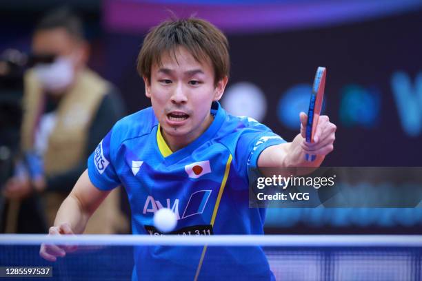 Niwa Koki of Japan competes in the Men's Singles Round of 16 match against Jang Woojin of South Korea on day two of the 2020 ITTF Men's World Cup at...