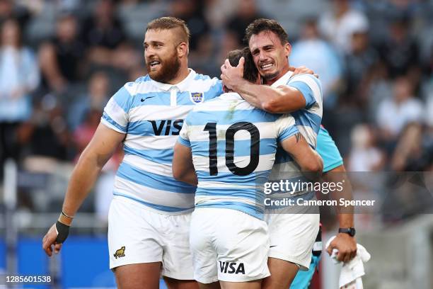 Juan Imhoff of the Pumas cries after winning the 2020 Tri-Nations rugby match between the New Zealand All Blacks and the Argentina Los Pumas at...