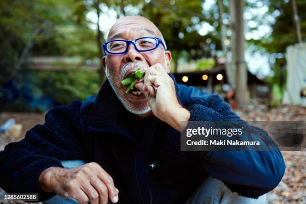 a senior man trying to eat a salad in an outdoor riverbank. - mundraum stock-fotos und bilder
