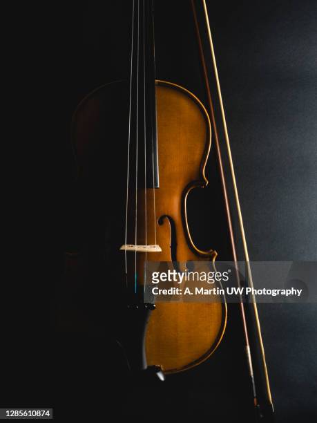 cropped image of violin against black background - bow musical equipment stock pictures, royalty-free photos & images
