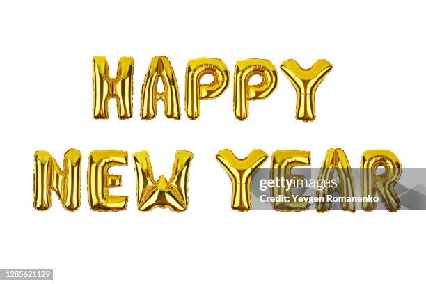 happy new year text made of foil balloons isolated on white background - balloon letters stock pictures, royalty-free photos & images