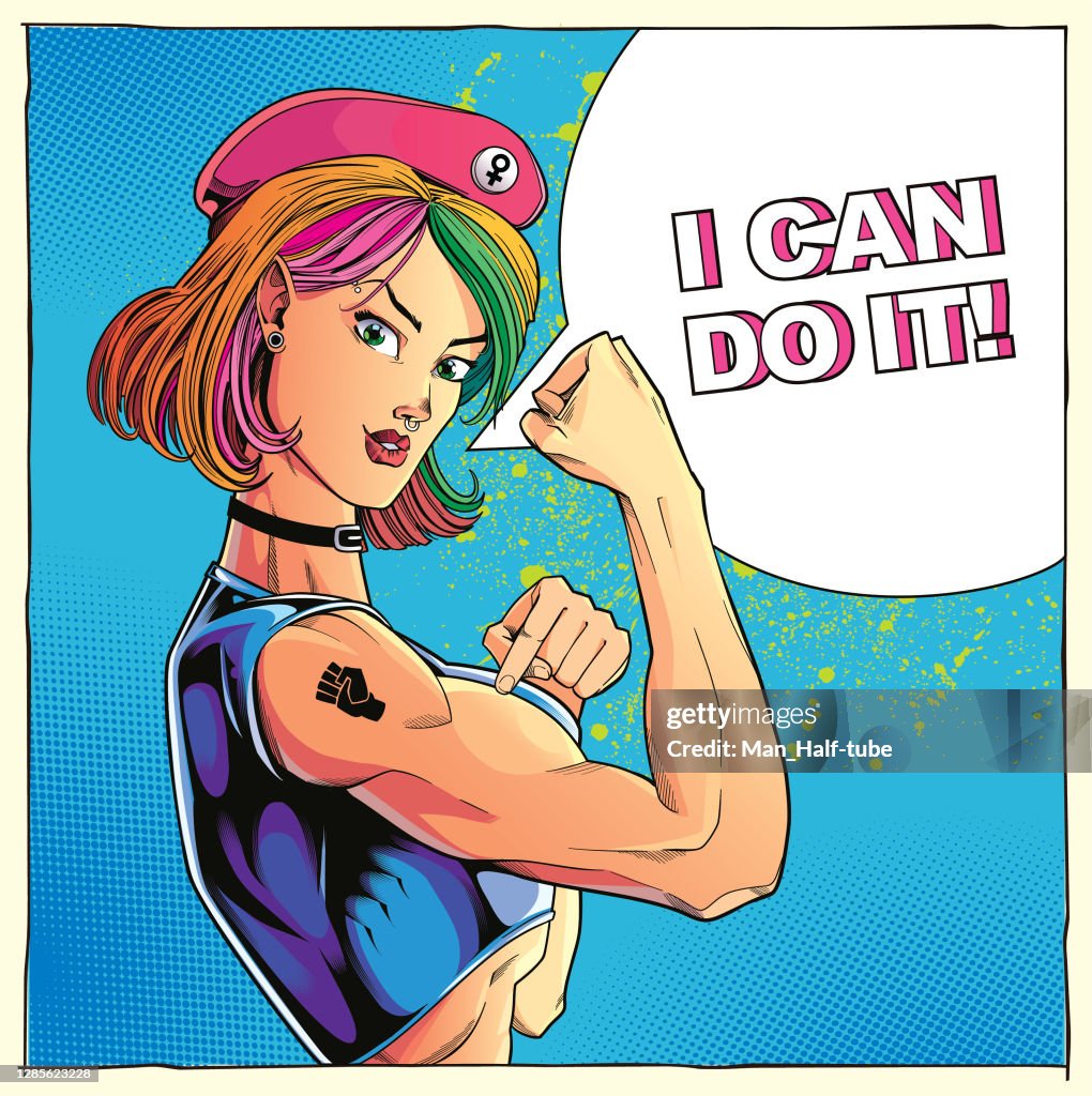 Strong feminist woman, with girl power fist symbol