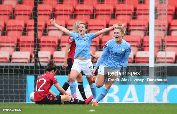 Laura Coombs of Manchester City Women celebrates after scoring their second goal during the Barclays FA Women's Super League match between Manchester...