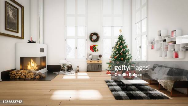 scandinavian home interior with christmas decorations - christmas tree home stock pictures, royalty-free photos & images