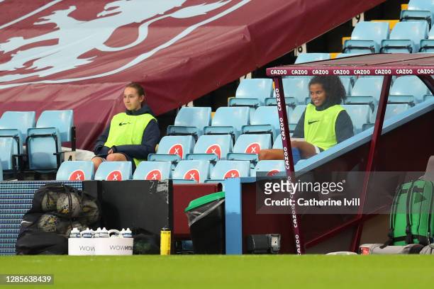 Lucy Whipp and Destiny Toussaint of Birmingham look on from the sidelines during the Barclays FA Women's Super League match between Aston Villa Women...